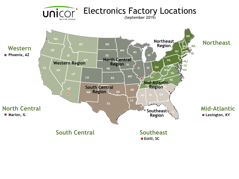 Map of UNICOR Electronics Factory Locations