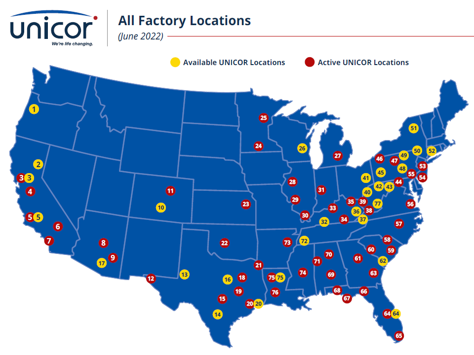 Current and Available UNICOR Factory Locations