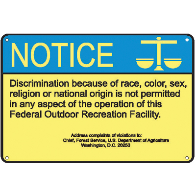 NOTICE - Discrimination because of race..., 14" x 11" USFS Aluminum Sign