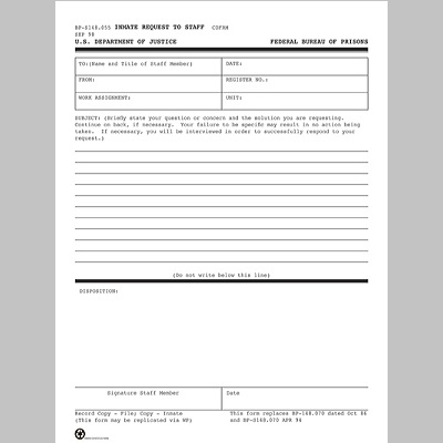 BOP Inmate Request to Staff (Cop-out) Form