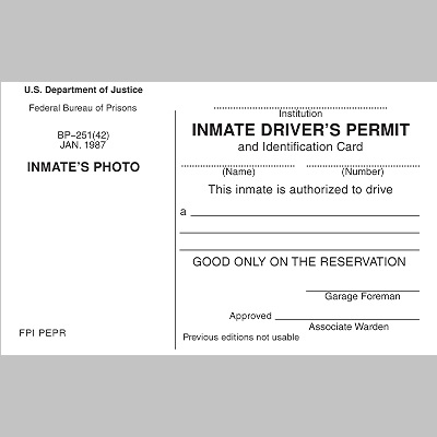 BOP Inmate Drivers Permit and Identification Card