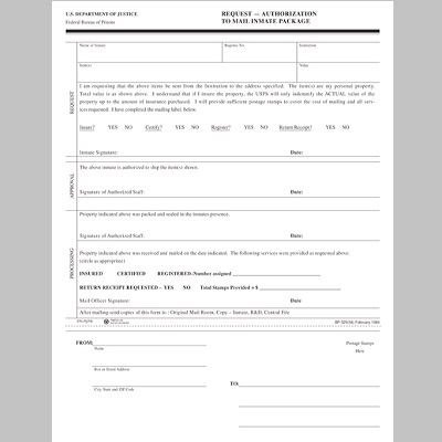 BOP Inmate Request to Mail Package Form
