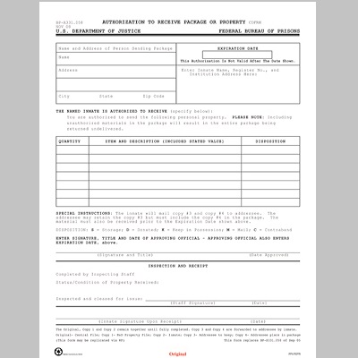 BOP Inmate Authorization to Receive Package Form