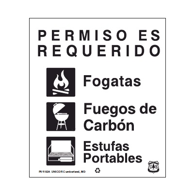 USFS Sign: PERMISO ES REQUERIDO, Fogatas, Fuegos de Carbon..., 12W x 14H