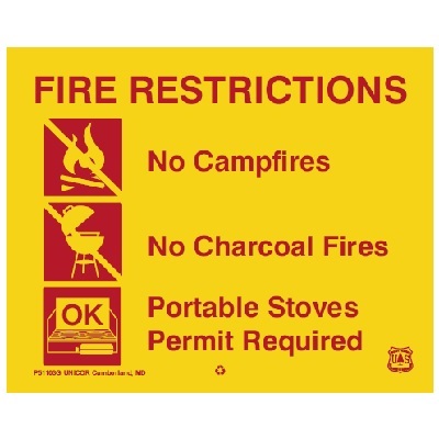 USFS Reflective Sign: Fire Restrictions - No Campfires, Charcoal Fires 44W x 34H