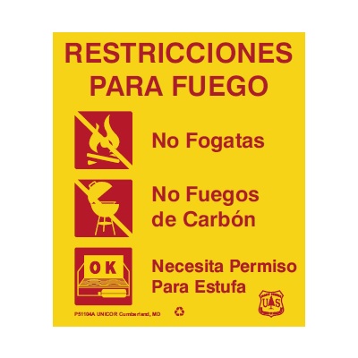 USFS Sign: RESTRICCIONES PARA FUEGO, 12W x 14H