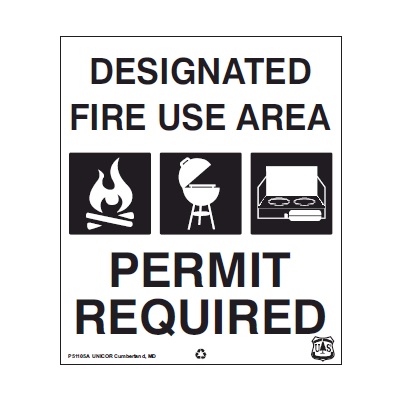 USFS Sign: DESIGNATED FIRE USE AREA, Permit Required, 12W x 14H