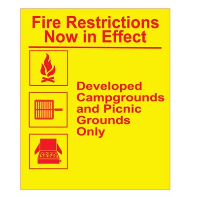 USFS Sign: Fire Restrictions: Developed Campgrounds and Picnic Grounds, 42W x 34H