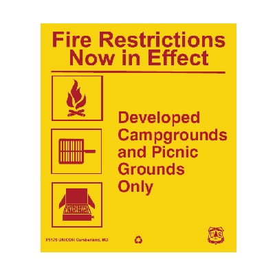 USFS Sign: Fire Restrictions: Developed Campgrounds and Picnic Grounds, 12W x 14H