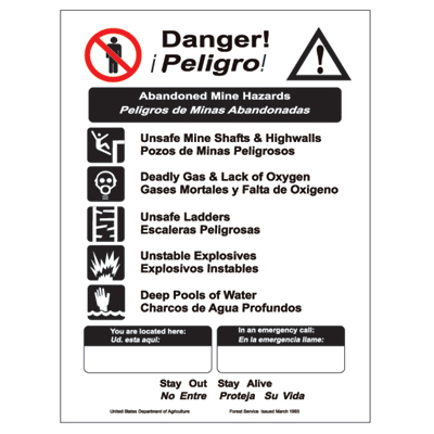 Danger/Peligro - Abandoned Mine Hazards..., 12 1/2" x 18" USFS Plastic Sign